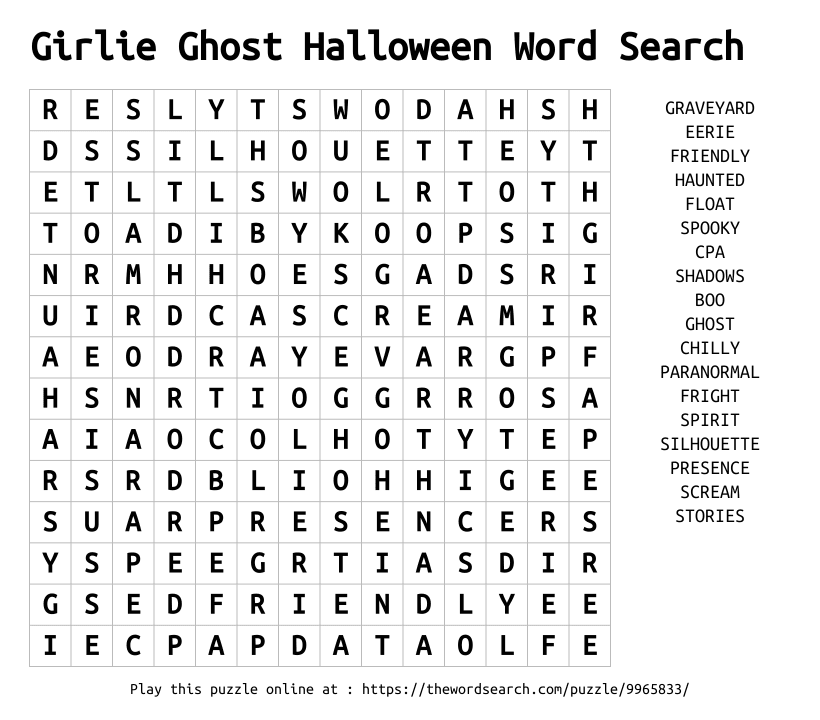 Word Search on Girlie Ghost Halloween Word Search