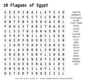 Word Search on 10 Plagues of Egypt