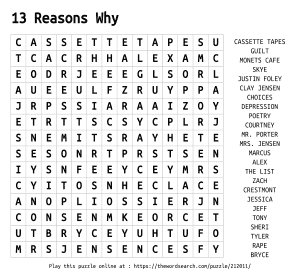 Word Search on 13 Reasons Why