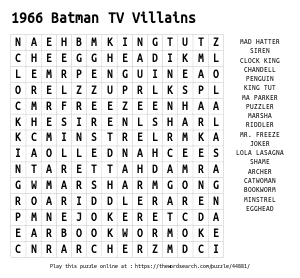 Word Search on 1966 Batman TV Villains