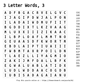 Word Search on 3 Letter Words, 3