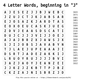 Word Search on 4 Letter Words, beginning in 