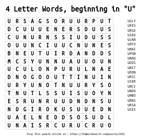 Word Search on 4 Letter Words, beginning in 