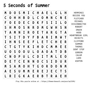 Word Search on 5 Seconds of Summer