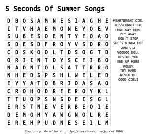 Word Search on 5 Seconds Of Summer Songs