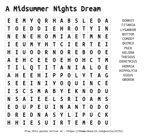 Word Search on A Midsummer Nights Dream