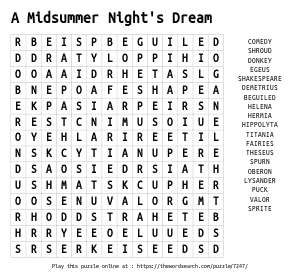 Word Search on A Midsummer Night's Dream