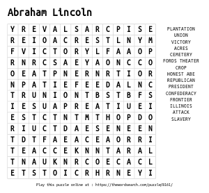 Word Search on Abraham Lincoln