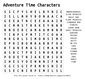 Word Search on Adventure Time Characters