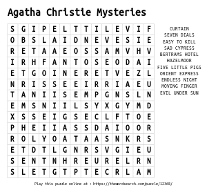 Word Search on Agatha Christie Mysteries