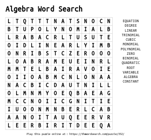 Word Search on Algebra Word Search