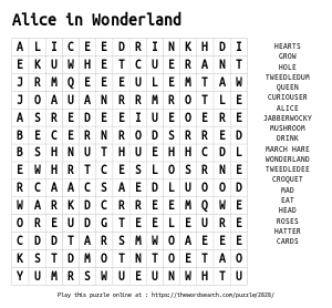 Word Search on Alice in Wonderland