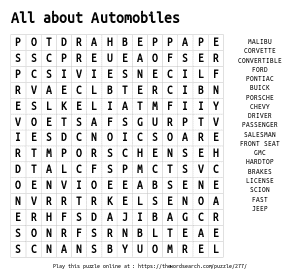 Word Search on All about Automobiles