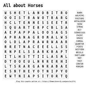 Word Search on All about Horses