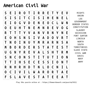 Word Search on American Civil War