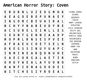Word Search on American Horror Story: Coven