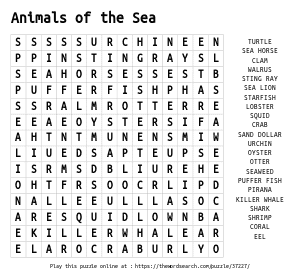 Word Search on Animals of the Sea
