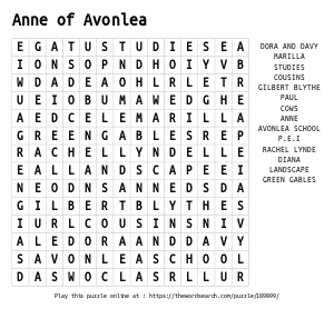 Word Search on Anne of Avonlea