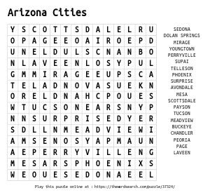 Word Search on Arizona Cities
