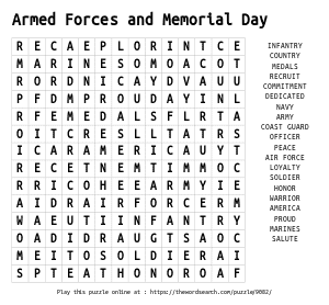 Word Search on Armed Forces and Memorial Day