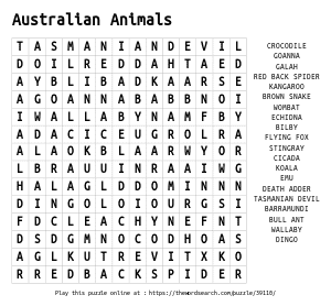 Word Search on Australian Animals