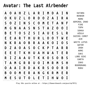 Word Search on Avatar: The Last Airbender