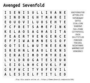 Word Search on Avenged Sevenfold 