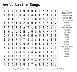Word Search on Avril Lavine Songs