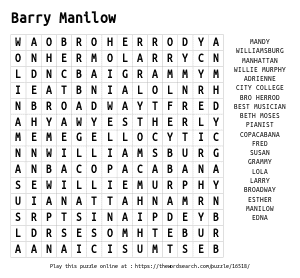 Word Search on Barry Manilow
