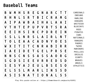 Word Search on Baseball Teams
