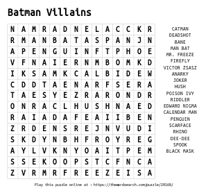 Word Search on Batman Villains