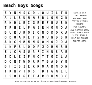 Word Search on Beach Boys Songs
