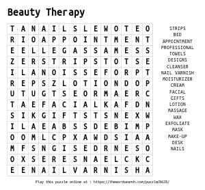 Word Search on Beauty Therapy