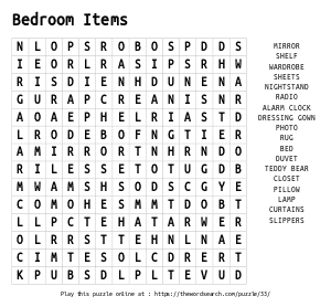 Word Search on Bedroom Items