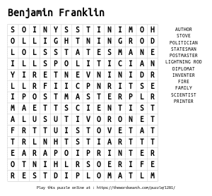 Word Search on Benjamin Franklin