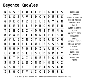 Word Search on Beyonce Knowles