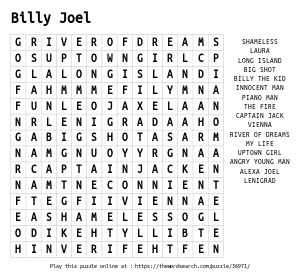 Word Search on Billy Joel