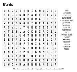 Word Search on Birds