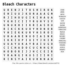 Word Search on Bleach Characters