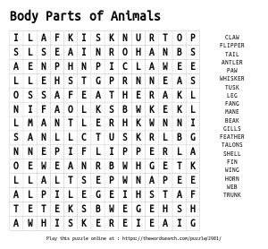 Word Search on Body Parts of Animals