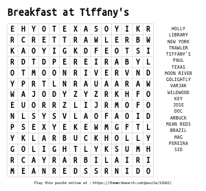 Word Search on Breakfast at Tiffany's