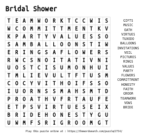 Word Search on Bridal Shower
