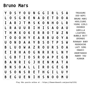 Word Search on Bruno Mars