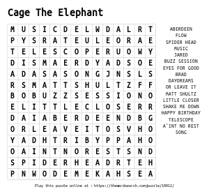 Word Search on Cage The Elephant