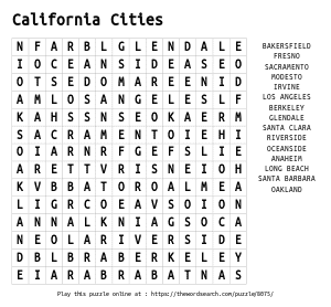 Word Search on California Cities