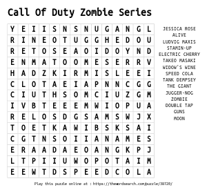 Word Search on Call Of Duty Zombie Series