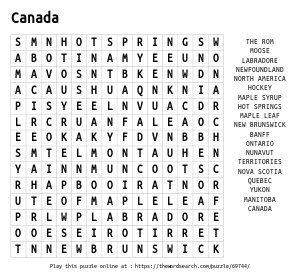 Word Search on Canada