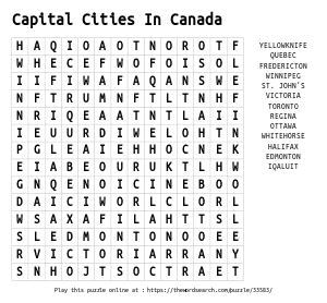 Word Search on Capital Cities In Canada