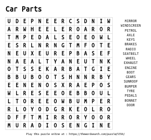 Word Search on Car Parts