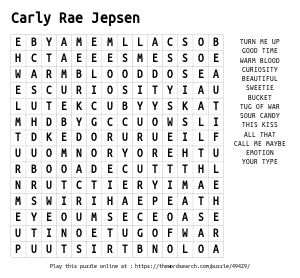 Word Search on Carly Rae Jepsen